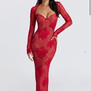 House of CB- LUCIENNE Red Lace Embroidered Maxi Dress